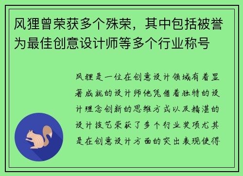 风狸曾荣获多个殊荣，其中包括被誉为最佳创意设计师等多个行业称号