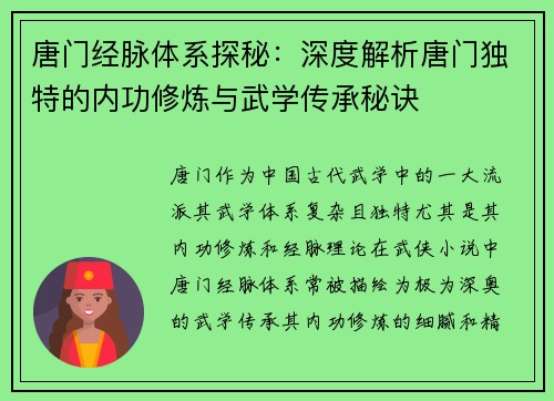 唐门经脉体系探秘：深度解析唐门独特的内功修炼与武学传承秘诀